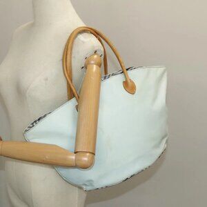 Burberrys Blue Label Tote Bag Nylon Leather Light Blue Brown Silver Auth